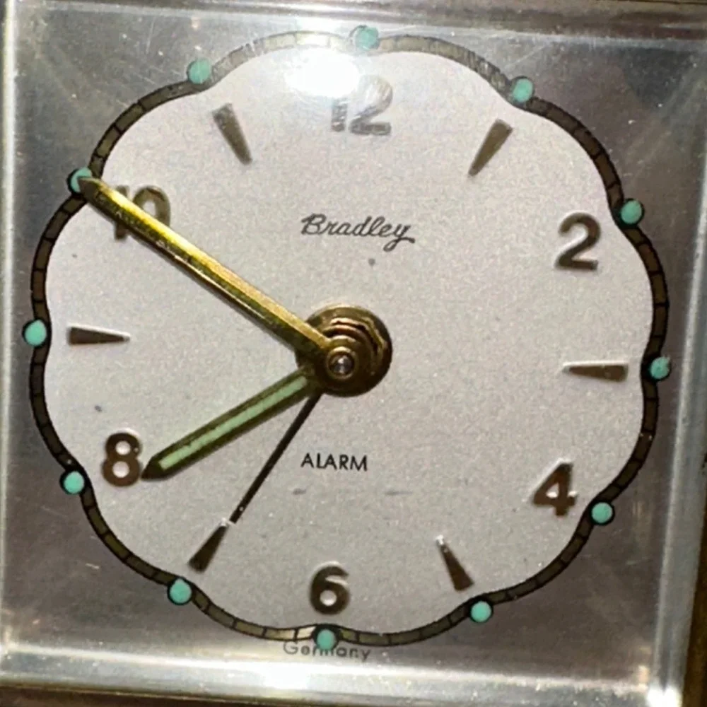Vintage Bradley Travel Alarm Clock Gold Tone Floral Case Western Germany MCM